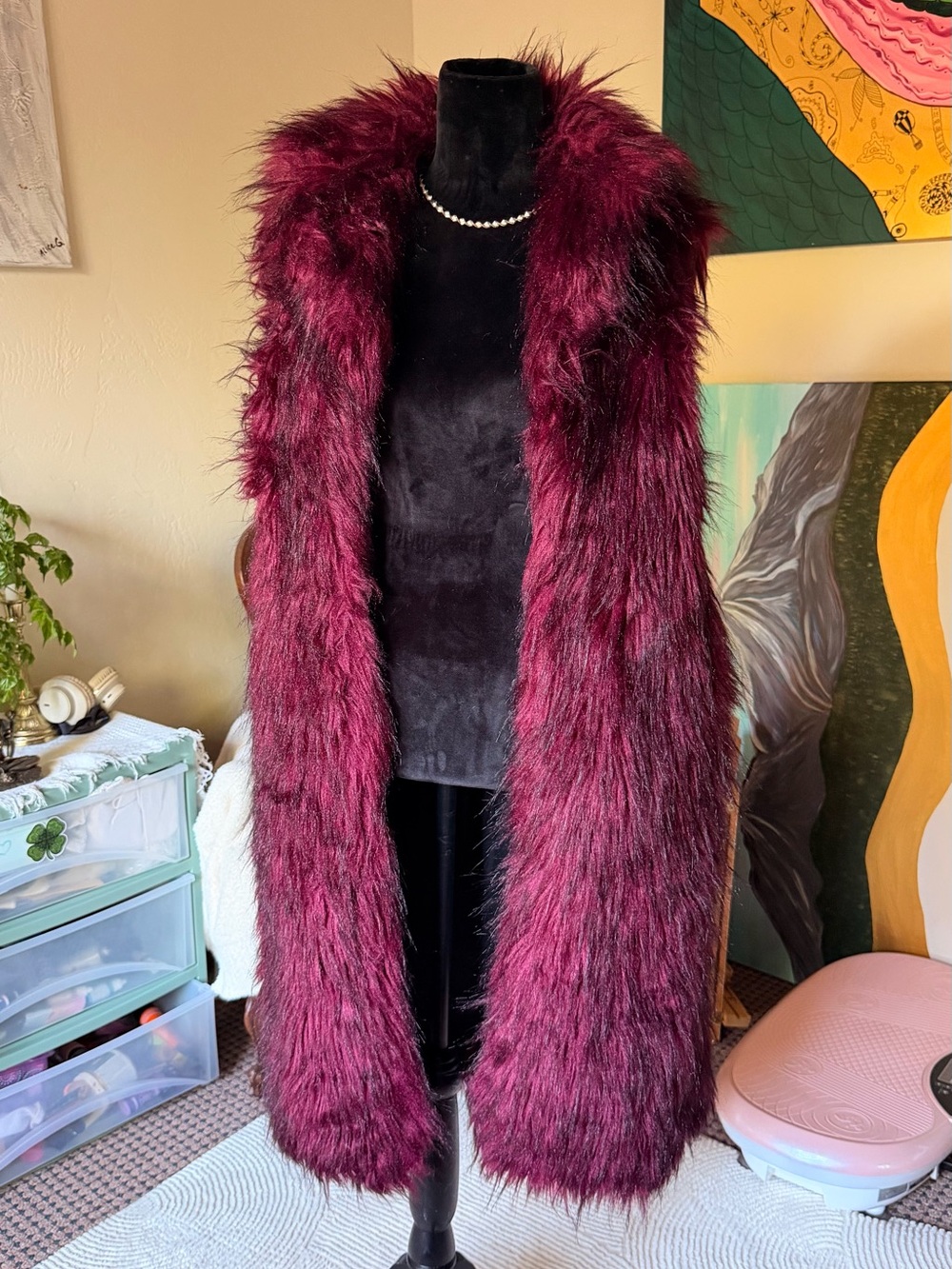 Express Women's Long Faux Fur Burgundy Vest